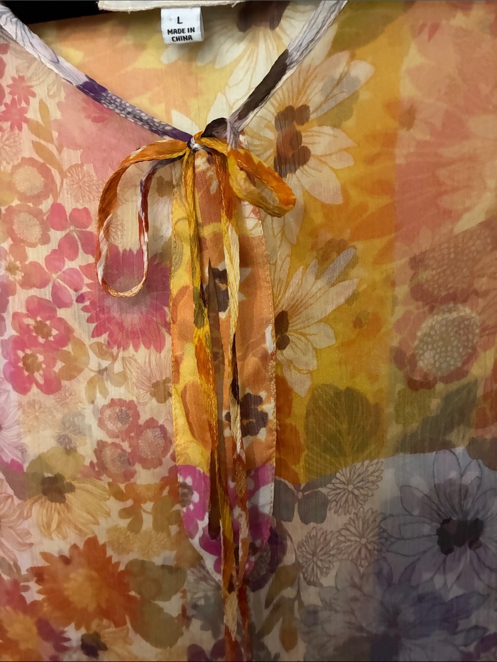 Johnny Was Jade Silk Becky Sheer Floral Tie-Neck Blouse in Yellow and Pink - Picture 5 of 10